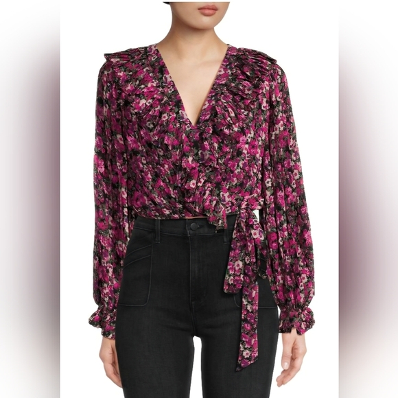 Endless Rose Wrap Crop Top with Ruffles & Pleats & Tie Front Pink Floral Size Sm - Picture 1 of 11